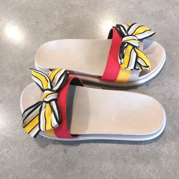 Women's Wide Width Comfy Platform Bow on Vamp Slide Sandals Red/Yellow/Tan 8.5M - Picture 1 of 12